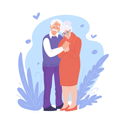 Cartoon grandmother warm holding hands and hugging. Grandparents day vector doodle illustration for design lovely postcard, poster on blue floral background.