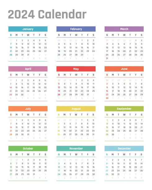 Vector illustration of 2024 year calendar, calendar design for 2024 starts sunday