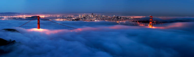 Golden Gate at night surrounded by fog. This is a 52mpx very high detail panorama.