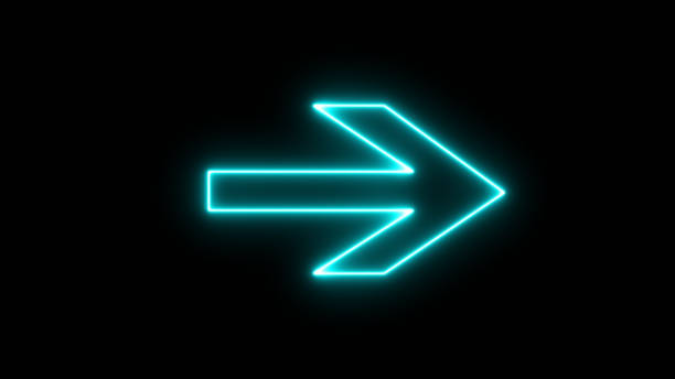 istock Glowing blue neon arrow direction on black background. Bright neon right abstract directional icon. vector, neon glowing arrows. Direction banner. Futuristic light on black background. 1580082711