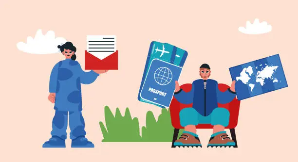 Vector illustration of Bunch Office, Making Custom-made Travel Bundles, Organizing Encounters with Ticket Certification, Visits, and Energized Report assistance for Central Experiences Abroad.