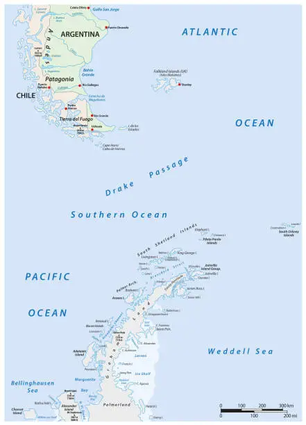 Vector illustration of Map of the area between Patagonia and the Antarctic Peninsula