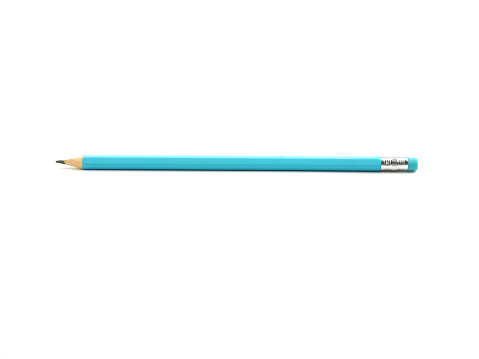 A pencil for writing or drawing blue colour with an eraser isolated on a white background. Close up, with copy space for your text.