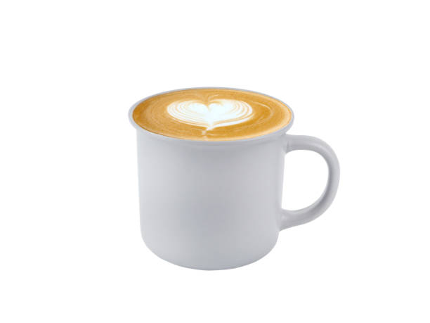 istock Hot latte coffee with art heart shape in grey ceramic mug isolated on white background. 1580104834