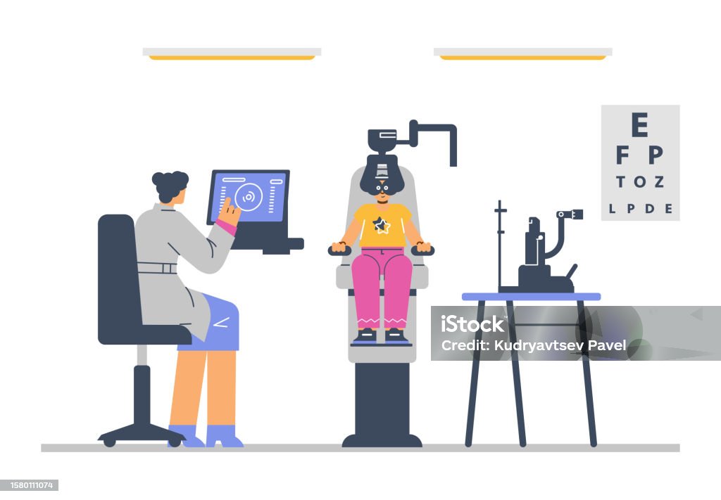 Computer Eye Test Animation Ophthalmologist Doctor Check Eyesight Using Computer Vector Cartoon ...
