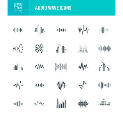 Audio Waves Icon Set, Editable Stroke. Contains such icons as Audio Equipment, Wave Pattern, Voicemail, Logo, Sound Wave, Noise, Voice Assistant
