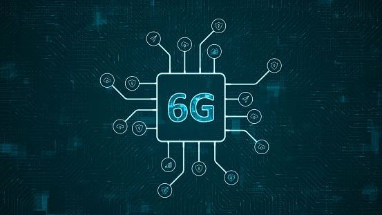 Blue digital 6G logo and futuristic HUD technology circuit board with technology icon and data transfer on abstract background with generation of connection concepts