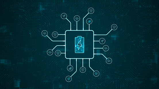 Blue digital battery logo and futuristic HUD technology circuit board with tech icon and data transfer on abstract background with power reserve concepts