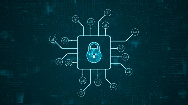 istock Blue digital security key logo and futuristic HUD technology circuit board with tech icon and data transfer on abstract background network firewall technology and data secure concept 1580129335