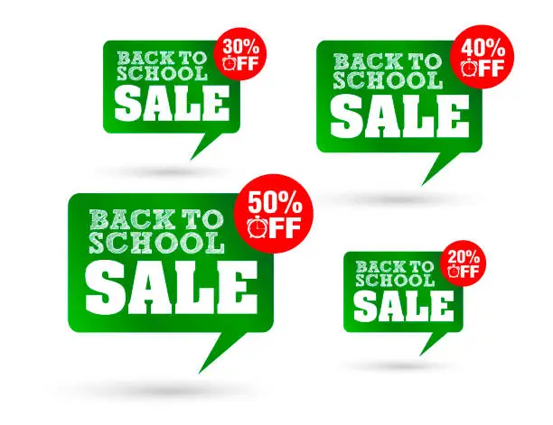 Vector illustration of Back to school sale, green speech bubble. Sale 20%, 30%, 40%, 50% off discount