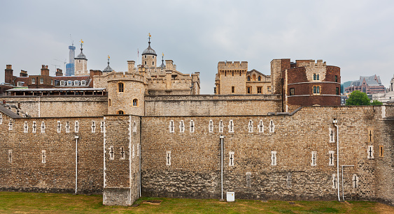 Tower of London, historic castle at north bank of River Thames, central London.  Founded in 1066 is also home of the Crown Jewels of England. Was used as a prision in 16th and 17th centuries and today is protected as a World Heritage Site