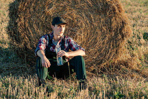 istock Exhausted farmer resting next to a straw bale 1580149740