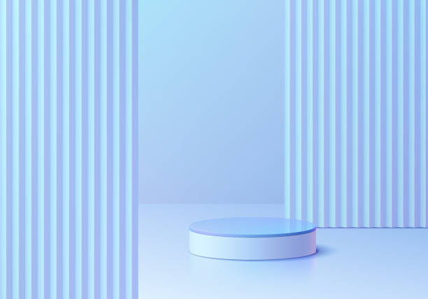 istock 3D background with blue hologram cylinder pedestal podium and vertical pattern partition wall scene. Abstract composition in minimal design. Platforms for product display presentation. Stage showcase. 1580154922
