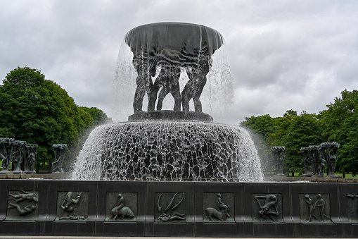 Oslo, Norway, July 4, 2023 - The Vigeland Fountain in Frogner Park in Oslo.