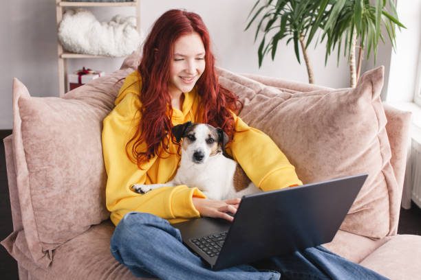 istock Relaxing young woman using laptop in living room 1580162690