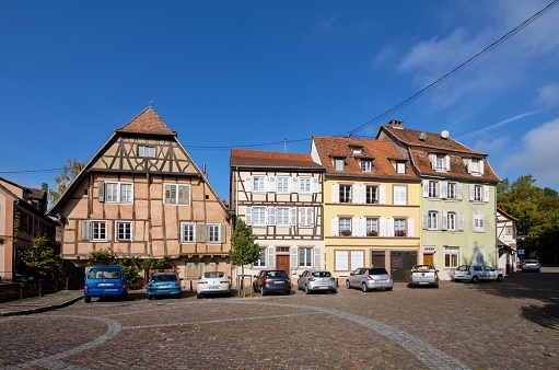 Wissembourg, France, October 13, 2020: View of the old houses in this Alsatian town. Wissembourg is situated on the little River Lauter close to the border between France and Germany.