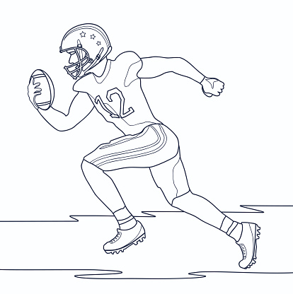 American football player running with the ball in his hand. Quarterback running and throwing breakthrough with the ball. Line art drawing for coloring book. Linear vector illustration.