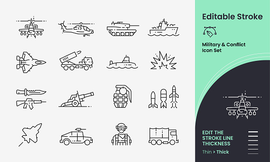 Miltary & Conflict Icon collection containing 16 editable stroke icons. Perfect for logos, stats and infographics. Edit the thickness of the line in any vector capable app.