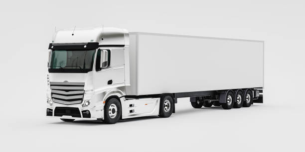 3d truck with white trailer mock up against monochrome background stock photo