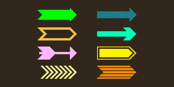 Vector illustration of pixel art set of different arrows. Collection of minimalistic arrows in different styles and colors