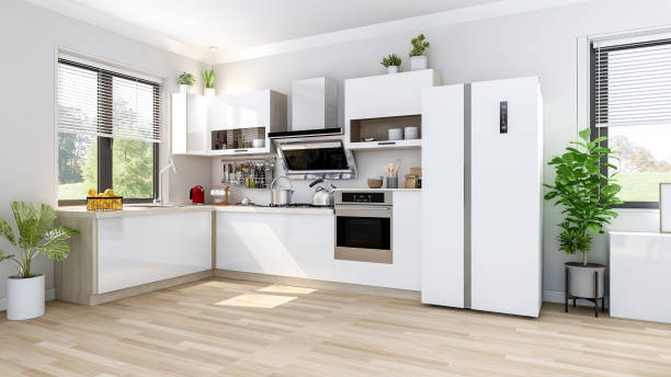 istock White modern contemporary stylish kitchen room interior, 3D Rendering 1580291029