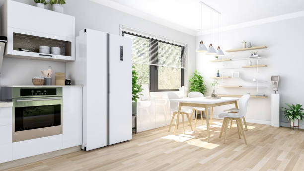 weißes, modernes, zeitgenössisches, stilvolles küchenzimmerinterieur, 3d-rendering - frühstücksbereich stock-fotos und bilder