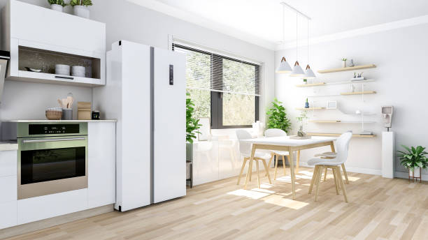 White modern contemporary stylish kitchen room interior, 3D Rendering