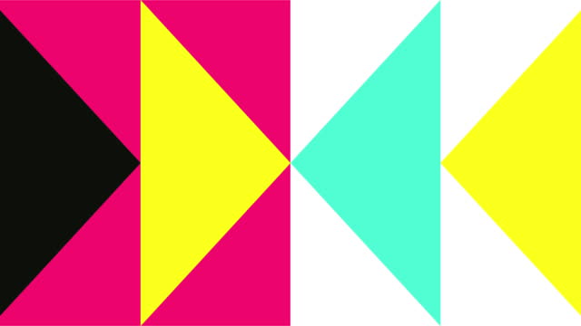 Modern loop Animated Geometric pattern or background. 4K resolution geometric motion design in pink, yellow, blue and black colors. Abstract mooving shapes background with triangulas.