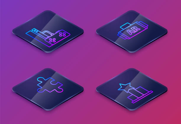istock Set Isometric line Game console with joystick, Piece of puzzle, Ar, augmented reality and Star. Blue square button. Vector 1580319103
