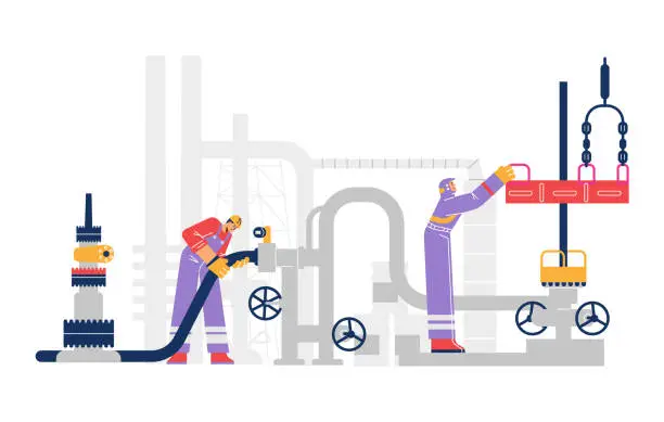 Vector illustration of People working on factory, oil industry flat style, vector illustration