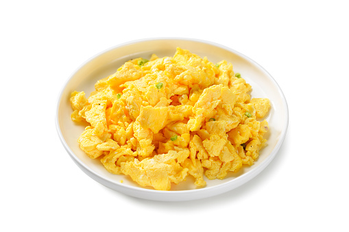 Scrambled eggs for breakfast. Healthy food. isolated on white background