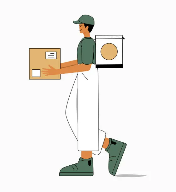 Vector illustration of Delivery courier holding parcel box.Male transporter on white background carrying parcel. Business life, time and Target delivery.