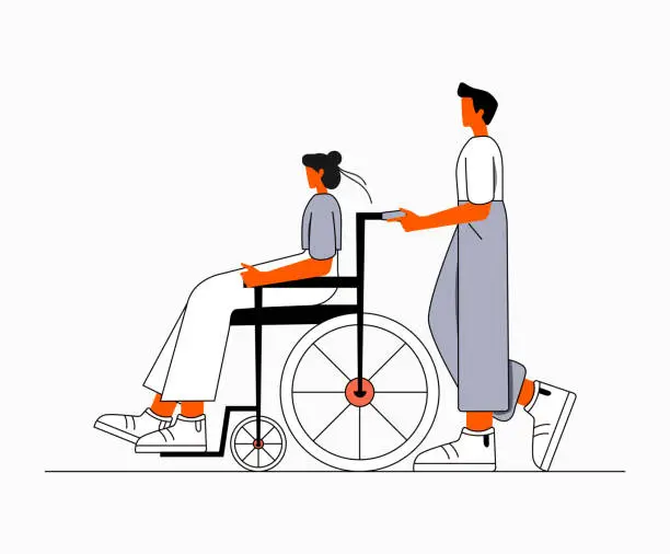 Vector illustration of Young man and disabled lady. Care For husband showing disabled woman in wheelchair. Medical support and assistance to people with physical disabilities. Nursing service.
