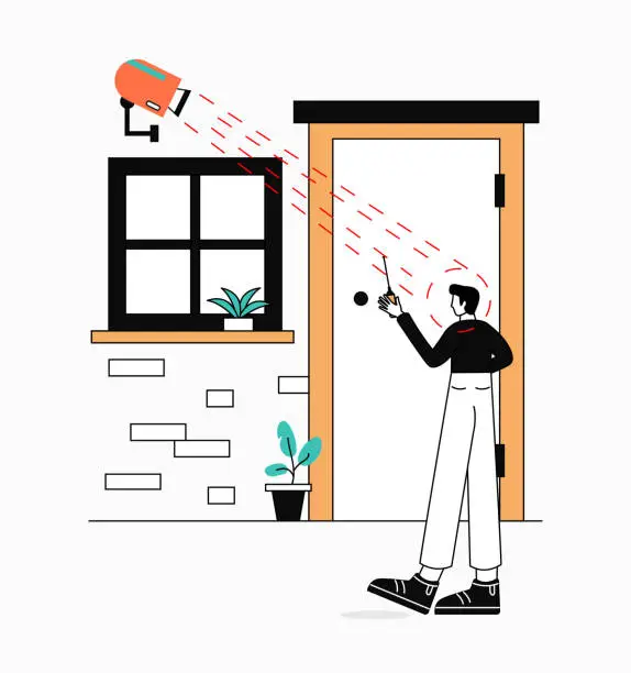 Vector illustration of Masked thief trying to break into the house. Thief, gangster, flat vector illustration. Crime or theft concept for banner, website design or landing web page. The importance of security camera and increasing security.