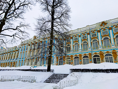 Beautiful building exterior outside in landscape. Russia, Saint-Petersburg. January 30, 2022.