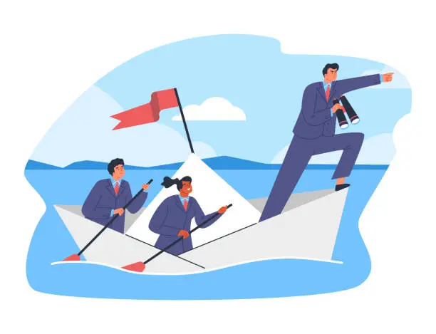 Vector illustration of Businessman leader with binoculars lead business team sailing origami ship, success strategy, vector flat illustration
