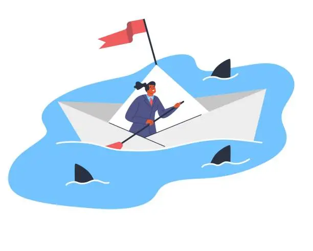 Vector illustration of Businesswoman sailing on origame ship, dangerous sharks swimming around, success strategy, Vector flat illustration