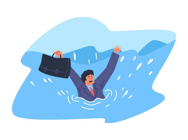 istock Business man sinking holding briefcase in hands asking for help, risk management in financial crisis storm flat vector 1580364105