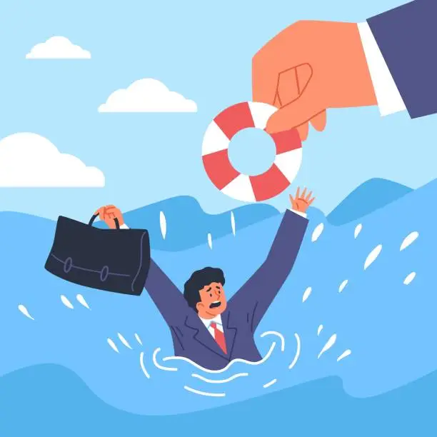 Vector illustration of Business man drowning holding briefcase, asking for help, hand gives lifebuoy, vector financial insurance and protection