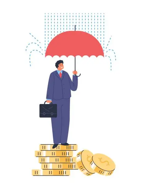 Vector illustration of Businessman stands on coins under umbrella in the rain, success protection strategy in crisis storm vector illustration
