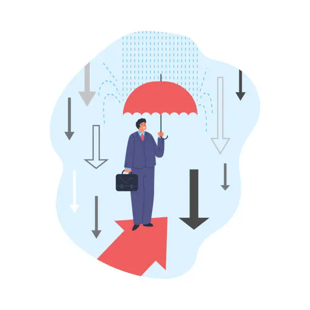 Vector illustration of Businessman stands on big red arrow under umbrella, success protection strategy in crisis storm vector illustration