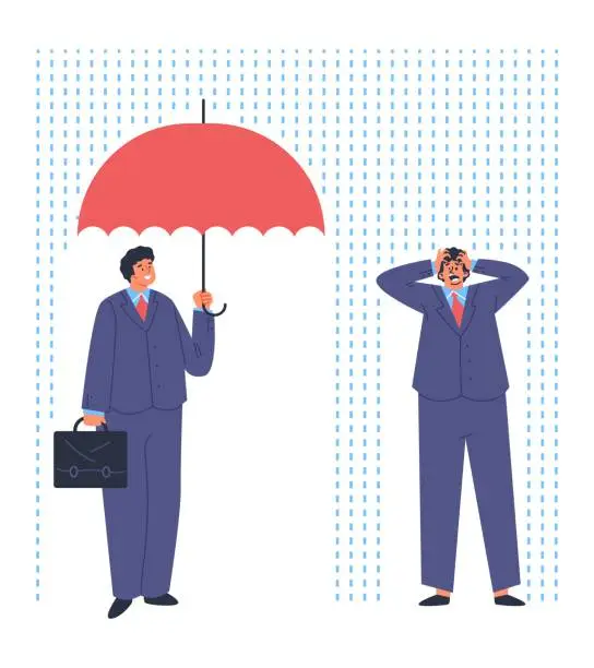 Vector illustration of Business men under umbrella and clutching head terrified under rain, success wrong business strategy vector illustration