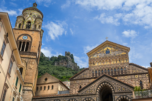 View of the Cathedral of Saint Andrea in Amalfi Town, and the steps leading to it from the Piazza del Duomo, Italy