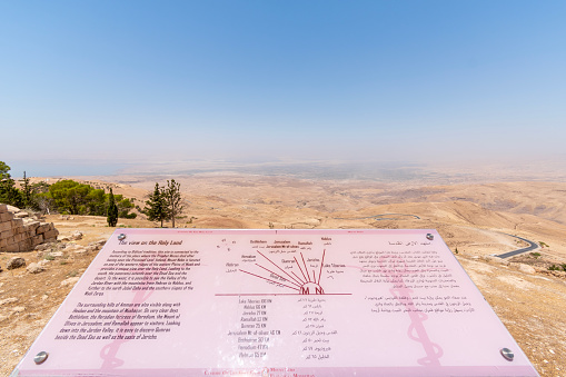 Mount Nebo, Jordan: Mount Nebo  is an elevated ridge located in Jordan, approximately 700 metres (2,300 ft) above sea level. Part of the Abarim mountain range, Mount Nebo is mentioned in the Bible as the place where Moses was granted a view of the Promised Land before his death. The view from the summit provides a panorama of the West Bank across the Jordan River valley. The city of Jericho is usually visible from the summit, as is Jerusalem on a very clear day.