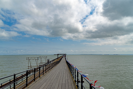 Railway on the pier in Southend, England, UK.  Southend has the longest entertainment pier in the world.