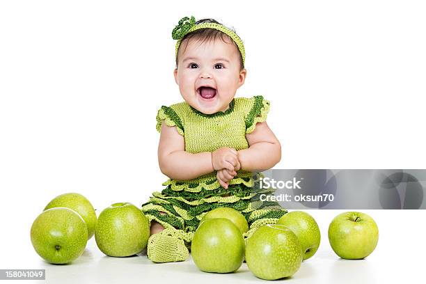 Happy Baby With Green Apples Isolated On White Background Stock Photo - Download Image Now