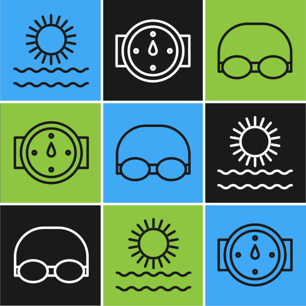 Set line Sun and waves, Glasses and cap for swimming and Wind rose icon. Vector Set line Sun and waves, Glasses and cap for swimming and Wind rose icon. Vector tournament of roses stock illustrations