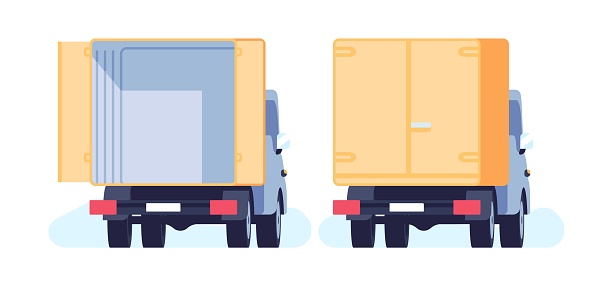 Rear view of truck with doors closed and open. Delivery service. Cargo shipping. Car courier. Freight shipment. Lorry loading. Parcels logistic. Automobile van. Industrial transport. Vector concept