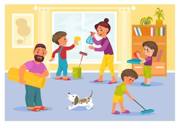 Vector illustration of Happy family tidying up room. Children helping parents. Mom and son cleaning windows. Boy mopping floor. Father washing carpet. Household chores. Splendid vector housekeeping concept