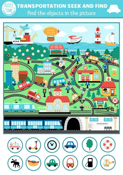 Vector illustration of Vector transportation searching game with city landscape with roads, cars, metro. Spot hidden objects. Water, air, underground, land transport seek and find educational printable activity for kids